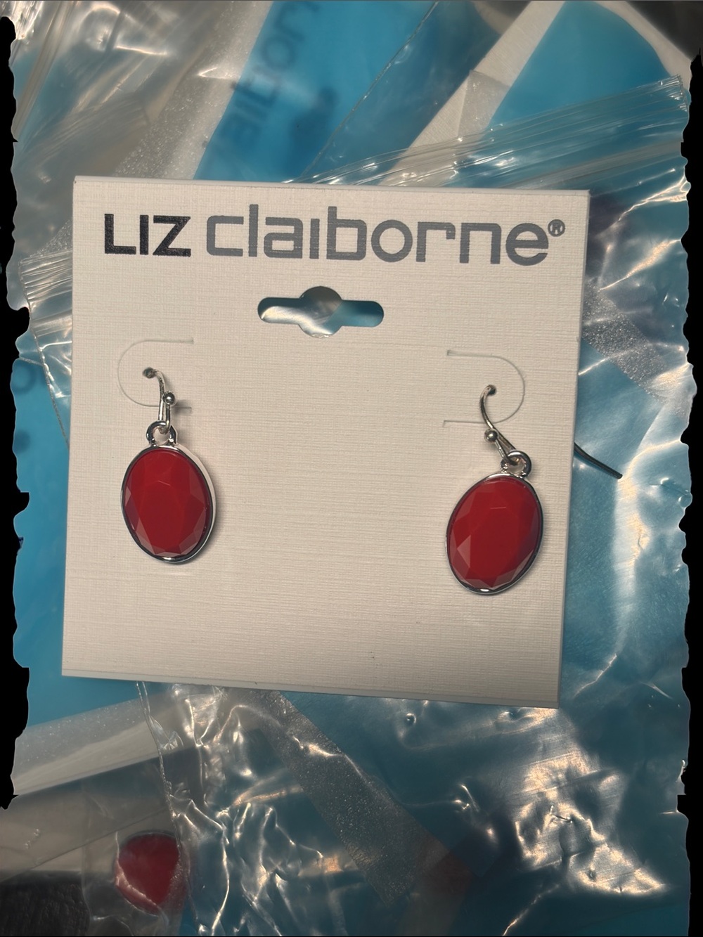 RESELLER LOT ONE DOZEN NEW ON CARD LIZ CLAIBORNE SILVER & RED DROP EARRINGS